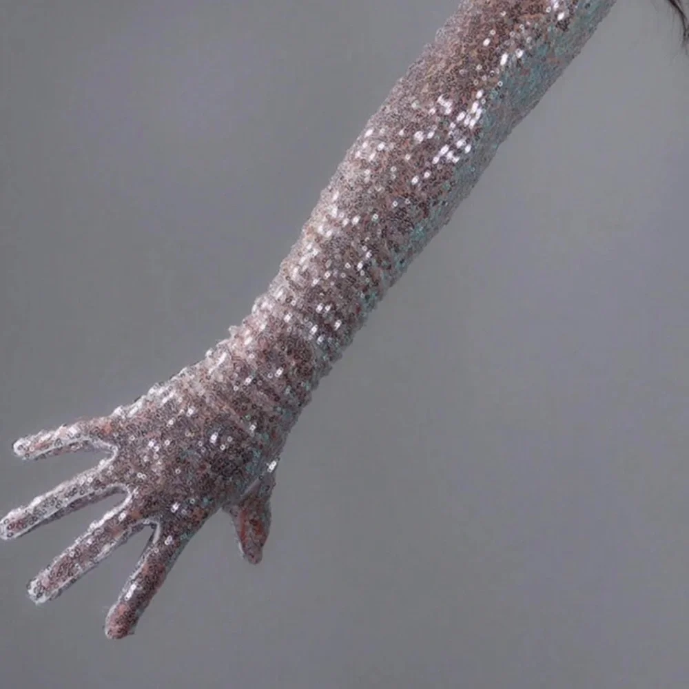 1 Pair Women's Long Silver Sparkly Sequin Finger Separate Long Gloves,